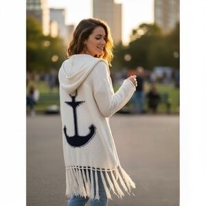 Vintage Havana Women's Ivory Navy Anchor Hooded Sweater M Fringe Knit Excellent